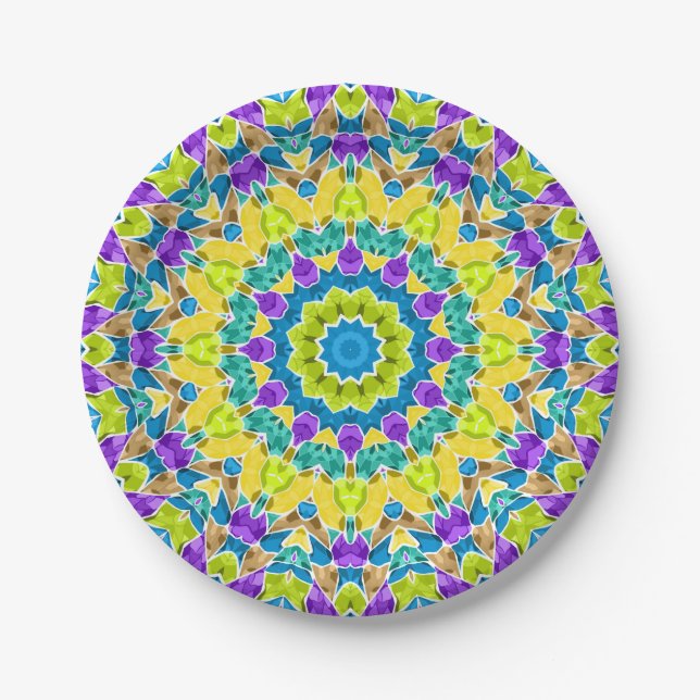 Abstract modern mosaic kaleidoscopic tile pattern paper plates (Front)