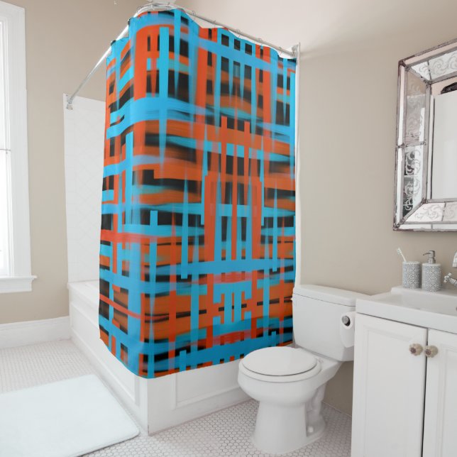 Abstract Modern Orange Blue Black Brush strokes Shower Curtain (In Situ)