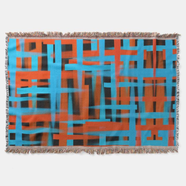 Abstract Modern Orange Blue Black Brush strokes Throw Blanket (Front)