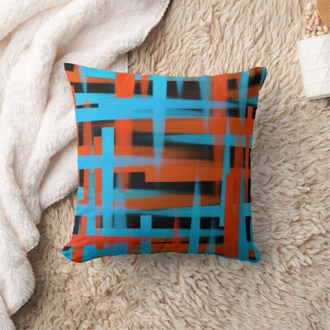 Abstract Modern Orange Blue Black Brush strokes Throw Pillow (Blanket)