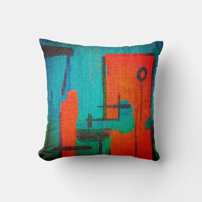 Abstract Modern Orange Blue Green Black Denim Throw Pillow (Front)