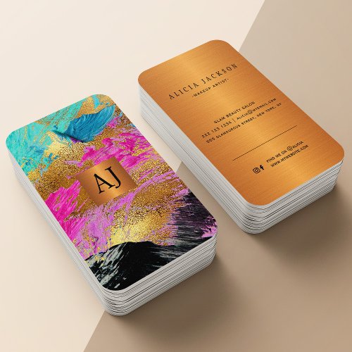 Abstract modern painting copper gold monogram business card