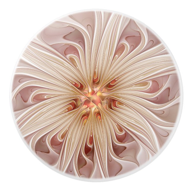 Abstract Modern Peach Pastel Flower Fractal Art Ceramic Knob (Front)