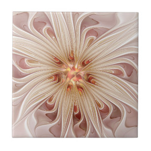 Abstract Modern Peach Pastel Flower Fractal Art Ceramic Tile