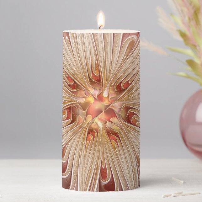 Abstract Modern Peach Pastel Flower Fractal Art Pillar Candle (In Situ)