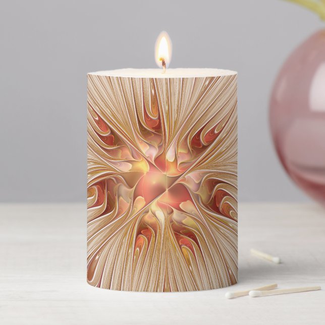 Abstract Modern Peach Pastel Flower Fractal Art Pillar Candle (In Situ)