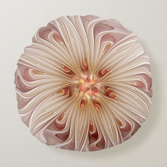Abstract Modern Peach Pastel Flower Fractal Art Round Pillow (Front)
