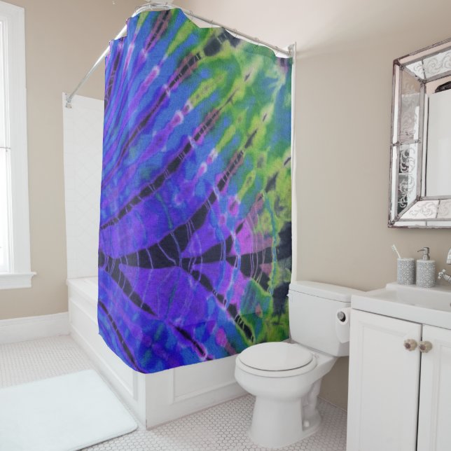 Abstract Modern Peacock Blue Green Batik Tie Dye Shower Curtain (In Situ)