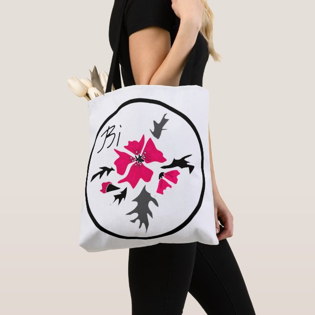 Abstract modern pink flower gray leaves print whit tote bag (Close Up)