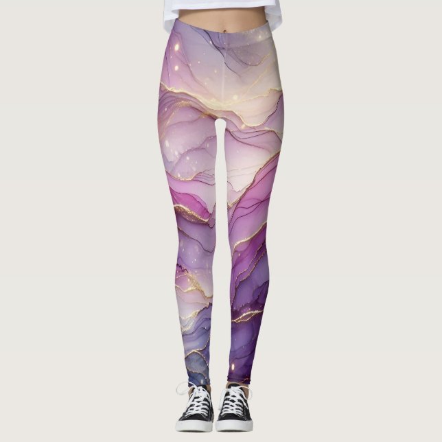 Abstract Modern Purple Pink Gold Chic Sparkle Leggings (Front)