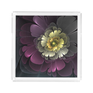 Abstract Modern Purpur Khaki Gray Fractal Flower Acrylic Tray