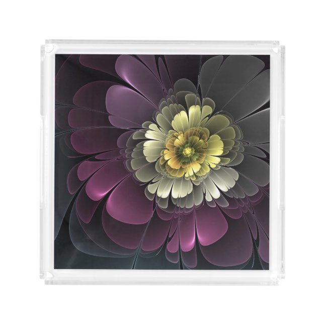 Abstract Modern Purpur Khaki Gray Fractal Flower Acrylic Tray (Front)