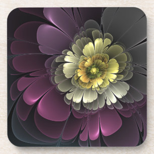 Abstract Modern Purpur Khaki Gray Fractal Flower Beverage Coaster