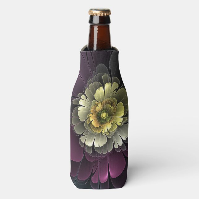 Abstract Modern Purpur Khaki Gray Fractal Flower Bottle Cooler (Bottle Front)