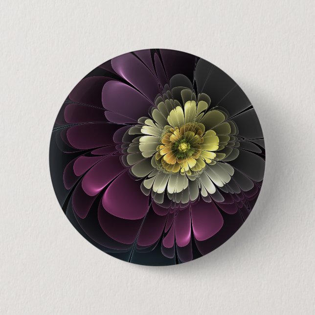 Abstract Modern Purpur Khaki Gray Fractal Flower Button (Front)