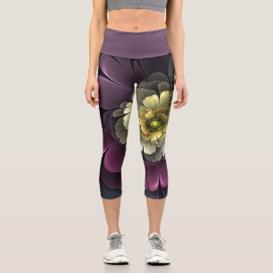 Abstract Modern Purpur Khaki Gray Fractal Flower Capri Leggings