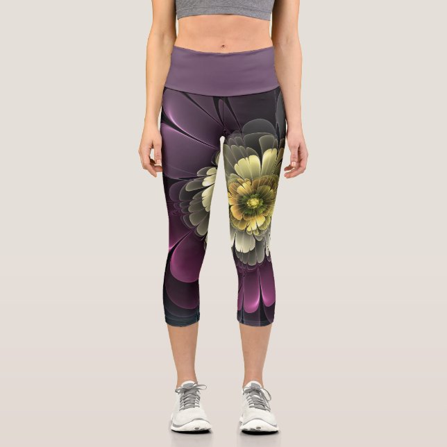 Abstract Modern Purpur Khaki Gray Fractal Flower Capri Leggings (Front)