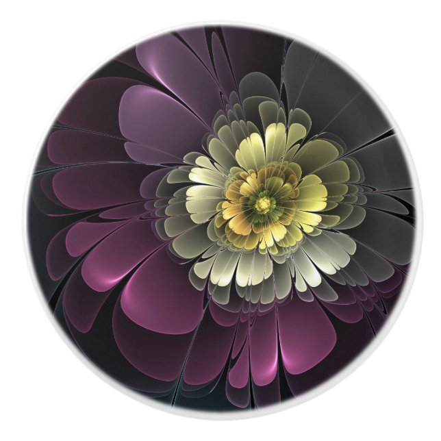 Abstract Modern Purpur Khaki Gray Fractal Flower Ceramic Knob (Front)