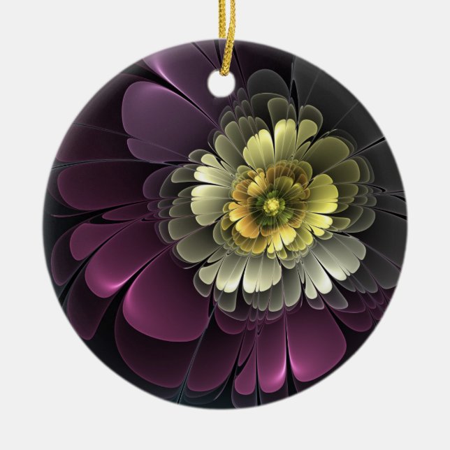 Abstract Modern Purpur Khaki Gray Fractal Flower Ceramic Ornament (Front)