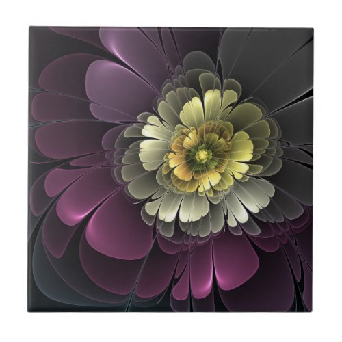 Abstract Modern Purpur Khaki Gray Fractal Flower Ceramic Tile