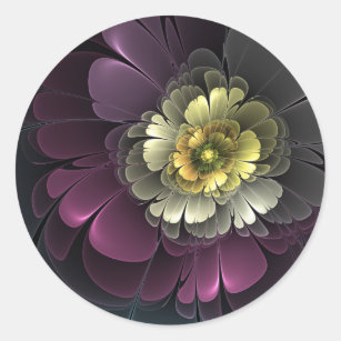 Abstract Modern Purpur Khaki Gray Fractal Flower Classic Round Sticker