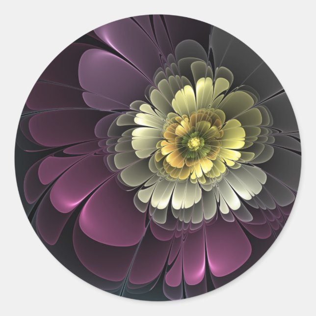 Abstract Modern Purpur Khaki Gray Fractal Flower Classic Round Sticker (Front)