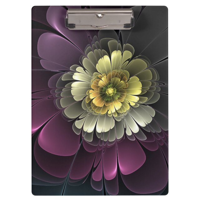 Abstract Modern Purpur Khaki Gray Fractal Flower Clipboard (Front)