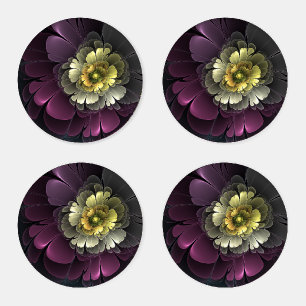 Abstract Modern Purpur Khaki Gray Fractal Flower Coaster Set