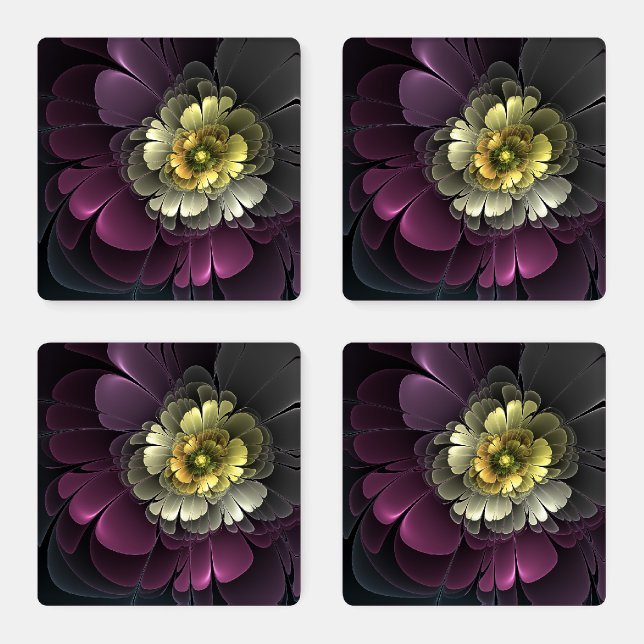 Abstract Modern Purpur Khaki Gray Fractal Flower Coaster Set (Set)