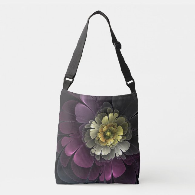 Abstract Modern Purpur Khaki Gray Fractal Flower Crossbody Bag (Front)