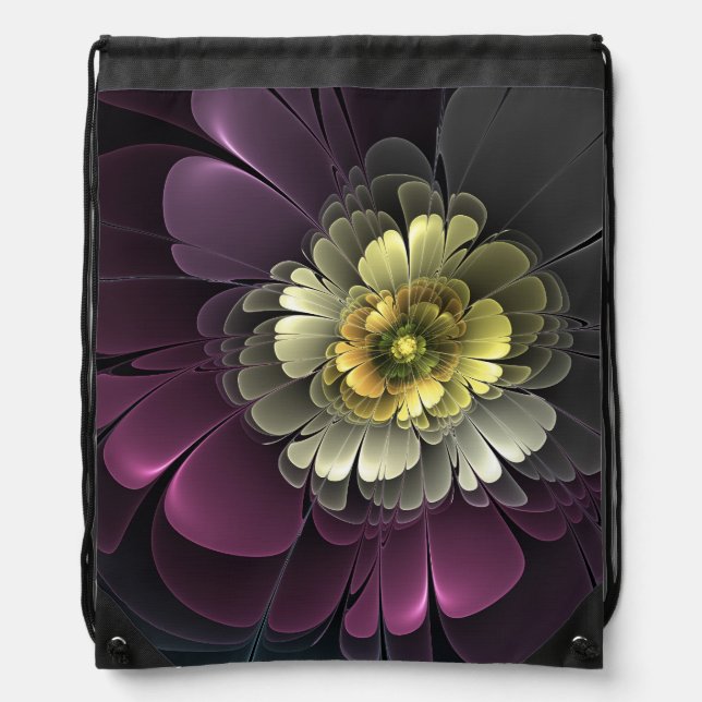Abstract Modern Purpur Khaki Gray Fractal Flower Drawstring Bag (Front)