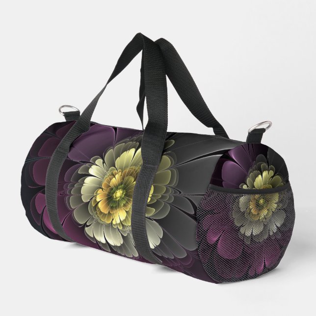 Abstract Modern Purpur Khaki Gray Fractal Flower Duffle Bag (Right Corner)