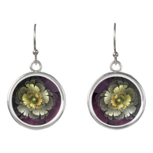 Abstract Modern Purpur Khaki Gray Fractal Flower Earrings