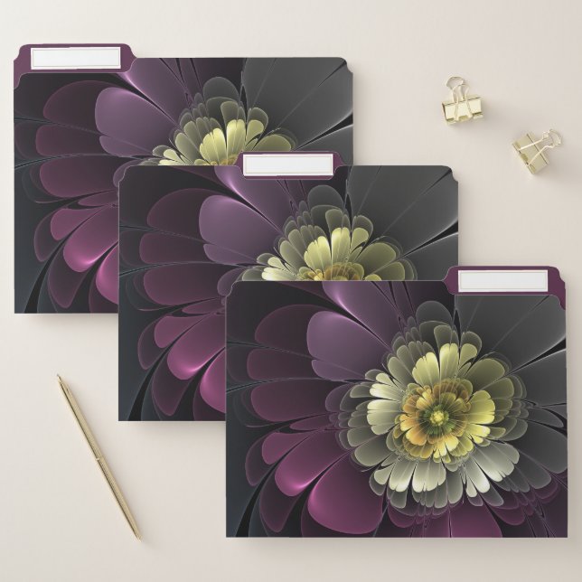 Abstract Modern Purpur Khaki Gray Fractal Flower File Folder (Set)