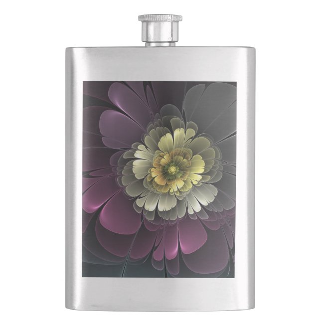 Abstract Modern Purpur Khaki Gray Fractal Flower Flask (Front)