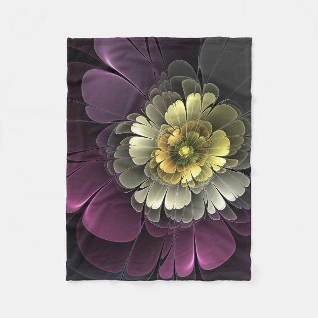Abstract Modern Purpur Khaki Gray Fractal Flower Fleece Blanket (Front)