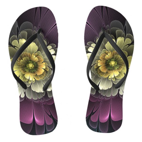 Abstract Modern Purpur Khaki Gray Fractal Flower Flip Flops