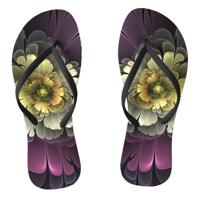 Abstract Modern Purpur Khaki Gray Fractal Flower Flip Flops (Footbed)