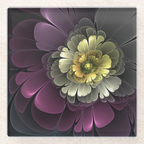 Abstract Modern Purpur Khaki Gray Fractal Flower Glass Coaster