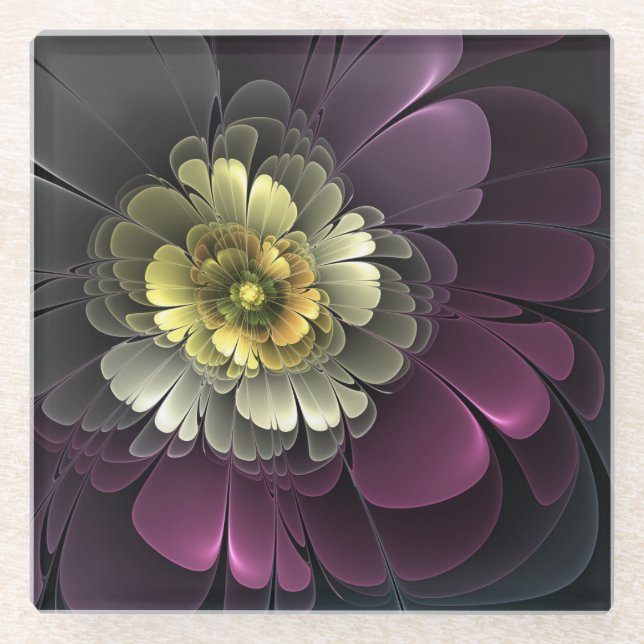 Abstract Modern Purpur Khaki Gray Fractal Flower Glass Coaster (Front)