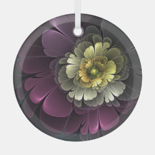 Abstract Modern Purpur Khaki Gray Fractal Flower Glass Ornament