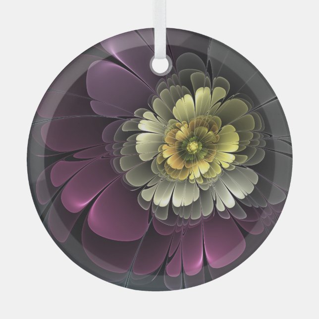 Abstract Modern Purpur Khaki Gray Fractal Flower Glass Ornament (Front)