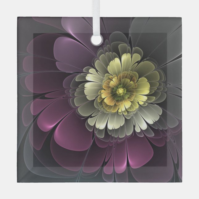 Abstract Modern Purpur Khaki Gray Fractal Flower Glass Ornament (Front)
