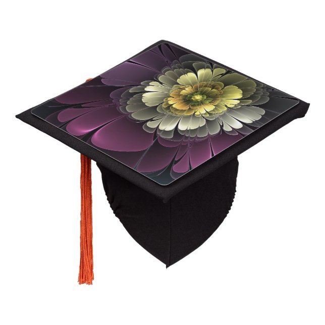 Abstract Modern Purpur Khaki Gray Fractal Flower Graduation Cap Topper (Angled)