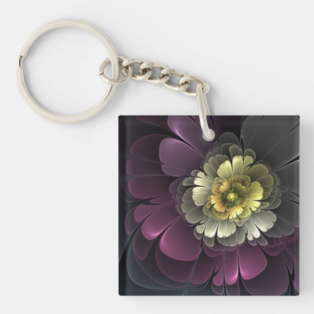 Abstract Modern Purpur Khaki Gray Fractal Flower Keychain (Front)