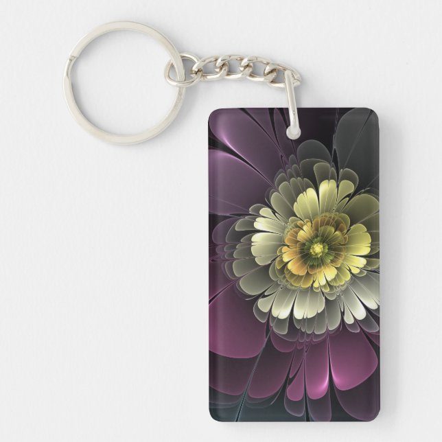 Abstract Modern Purpur Khaki Gray Fractal Flower Keychain (Front)