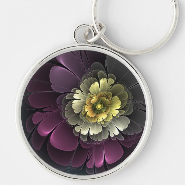 Abstract Modern Purpur Khaki Gray Fractal Flower Keychain (Front)
