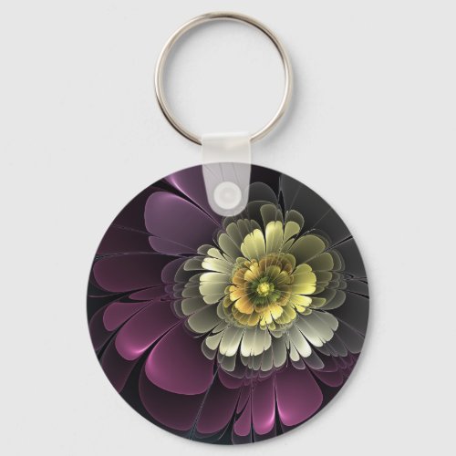 Abstract Modern Purpur Khaki Gray Fractal Flower Keychain