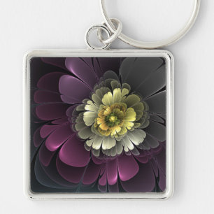 Abstract Modern Purpur Khaki Gray Fractal Flower Keychain
