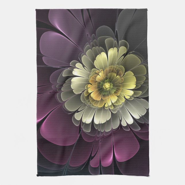 Abstract Modern Purpur Khaki Gray Fractal Flower Kitchen Towel (Vertical)